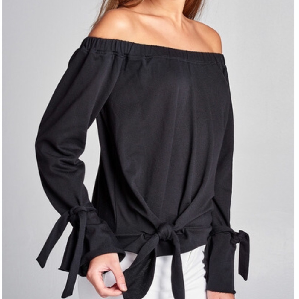 Off Shoulder Tie Sleeve Bell Cuff Black 0118 - Picture 7 of 7